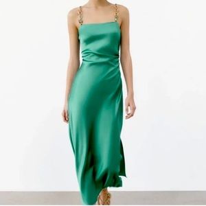 ZARA | Satin Chain Strap Midi Dress | Sea Green | NWT